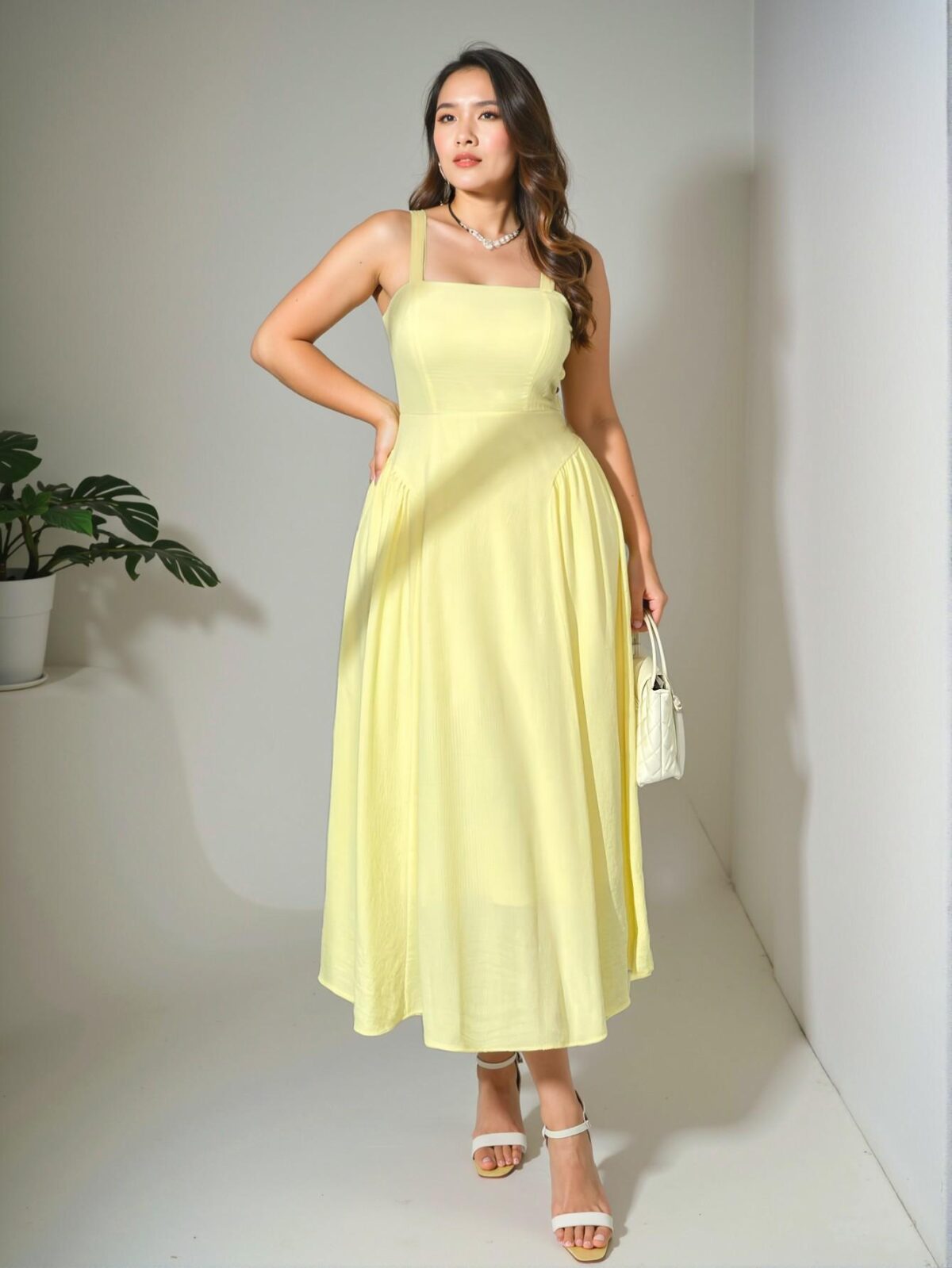 Elegant Yellow Ruched Waist Midi Dress for Summer Vacations, Afternoon Teas, Concerts, and Elegant Occasions – Chic, Classy and Trendy Fashion Style to Dress to Impress