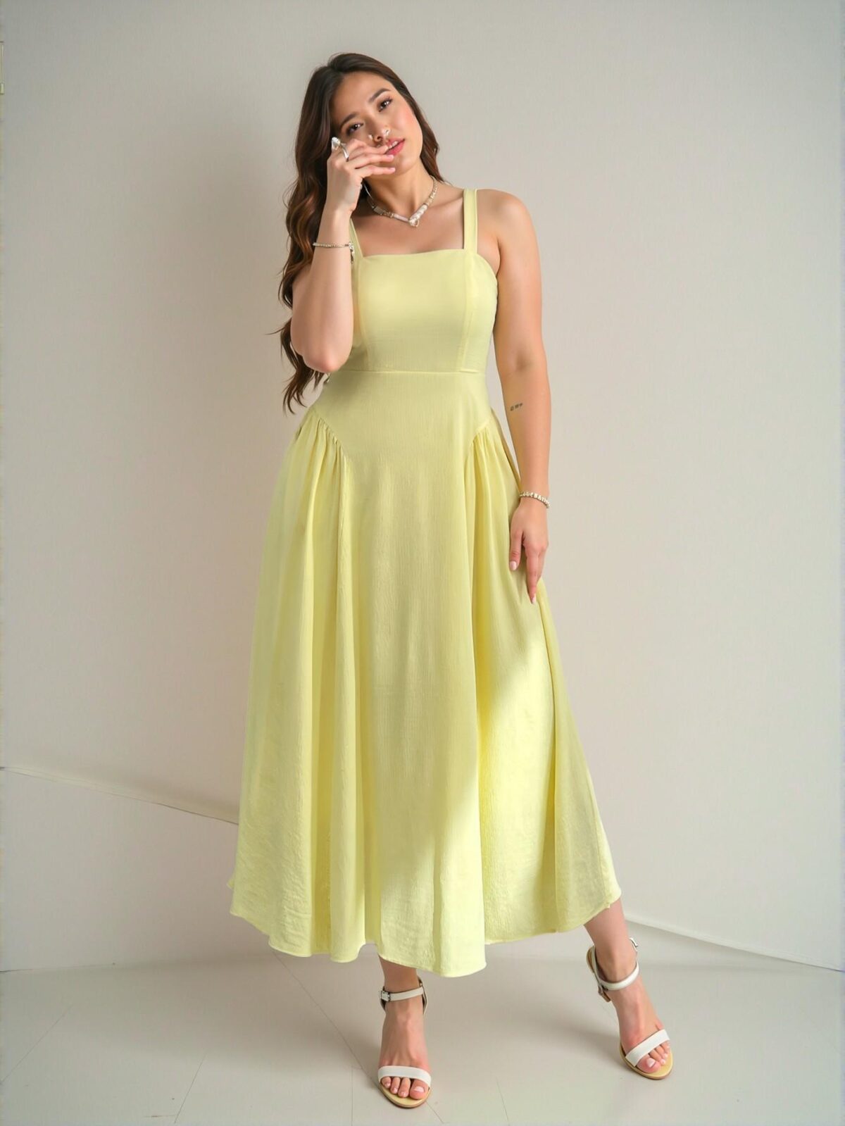 Elegant Yellow Ruched Waist Midi Dress for Summer Vacations, Afternoon Teas, Concerts, and Elegant Occasions – Chic, Classy and Trendy Fashion Style to Dress to Impress - Image 2