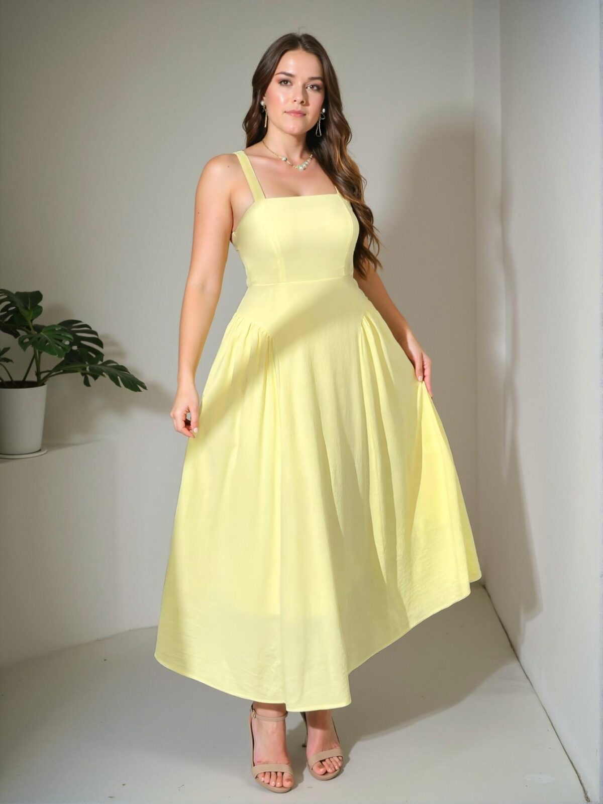 Elegant Yellow Ruched Waist Midi Dress for Summer Vacations, Afternoon Teas, Concerts, and Elegant Occasions – Chic, Classy and Trendy Fashion Style to Dress to Impress - Image 4