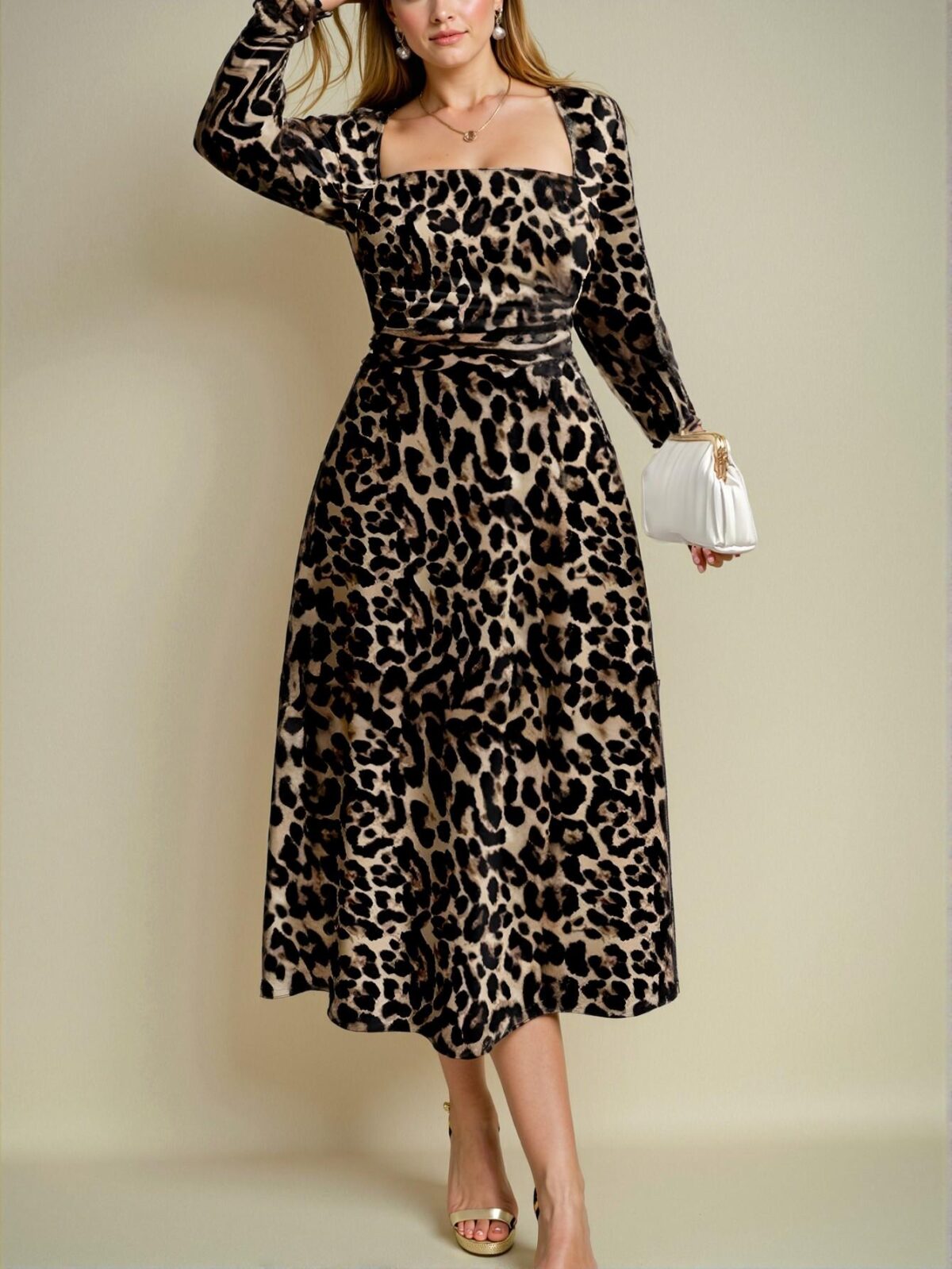 Elegant Multicolor A-Line Leopard Print Square Neck Dress Chic, Classy and Trendy Fashion Style to Dress to Impress