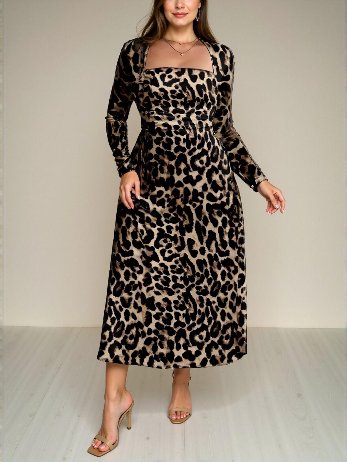 Elegant Multicolor A-Line Leopard Print Square Neck Dress Chic, Classy and Trendy Fashion Style to Dress to Impress - Image 3