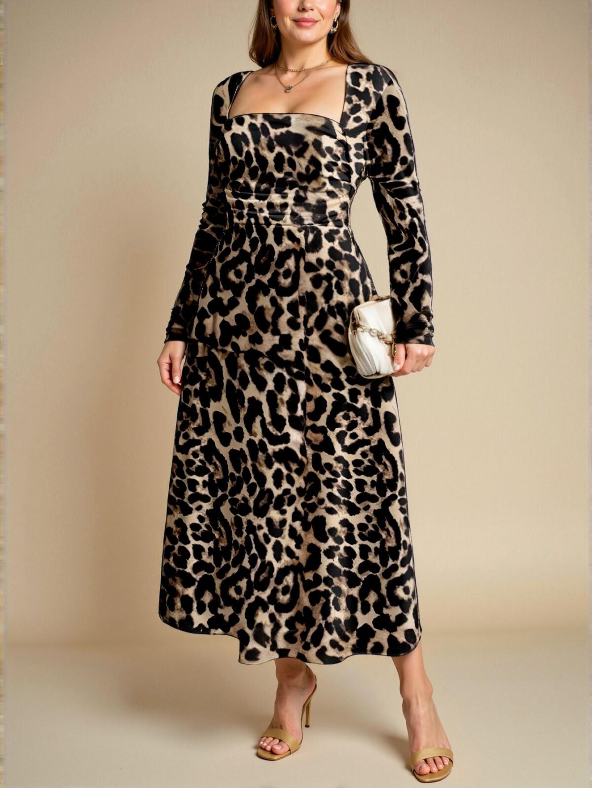 Elegant Multicolor A-Line Leopard Print Square Neck Dress Chic, Classy and Trendy Fashion Style to Dress to Impress - Image 5