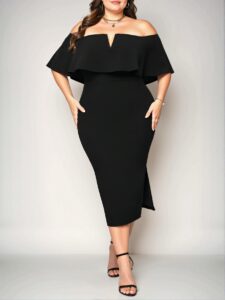 Elegant Black Off Shoulder Ruffle Trimmed Bodycon Dress with Split Thigh - Chic, Classy and Trendy Fashion Style to Dress to Impress