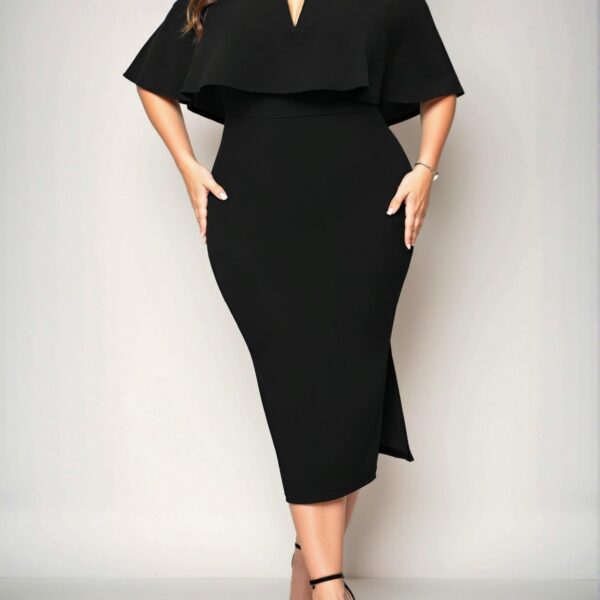 Elegant Black Off Shoulder Ruffle Trimmed Bodycon Dress with Split Thigh - Chic, Classy and Trendy Fashion Style to Dress to Impress