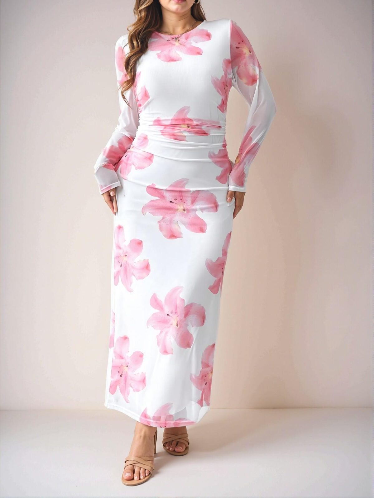 Elegant Multicolor Romantic Floral Print Ruffle Long Sleeve Mesh Dress for Women, Perfect for Early Autumn Chic, Classy and Trendy Fashion Style to Dress to Impress - Image 5
