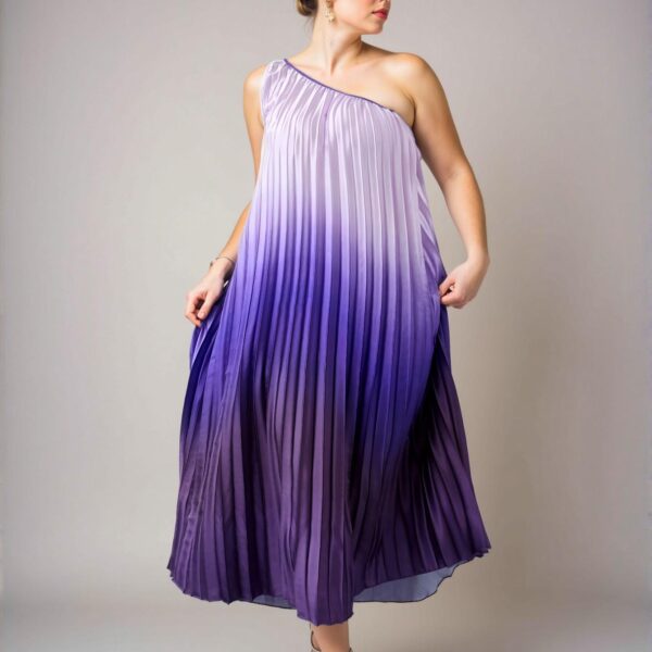 Elegant Ombre Purple Asymmetrical Maxi Pleated Dress for Beach Vacations, Concerts, and Romantic Dinners - Perfect for Special Occasions and Everyday Elegance - Chic, Classy and Trendy Fashion Style to Dress to Impress