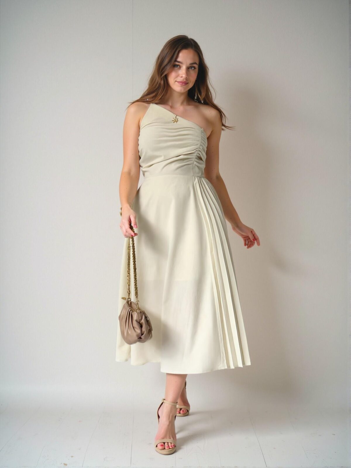 Elegant Apricot Asymmetrical Neck Ruched Bust Pleated Hem Midi Dress for Commuting, Outings, and Daily Wear - Chic, Classy and Trendy Fashion Style to Dress to Impress