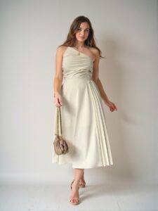 Elegant Apricot Asymmetrical Neck Ruched Bust Pleated Hem Midi Dress for Commuting, Outings, and Daily Wear - Chic, Classy and Trendy Fashion Style to Dress to Impress