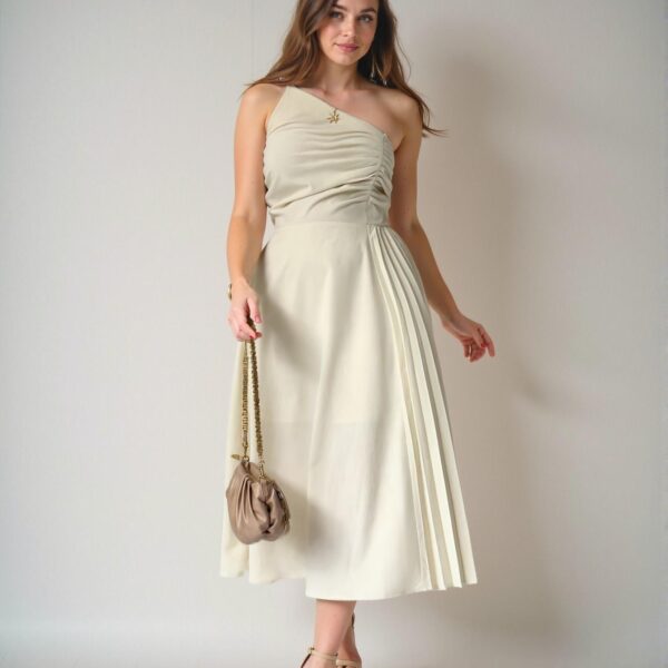 Elegant Apricot Asymmetrical Neck Ruched Bust Pleated Hem Midi Dress for Commuting, Outings, and Daily Wear - Chic, Classy and Trendy Fashion Style to Dress to Impress