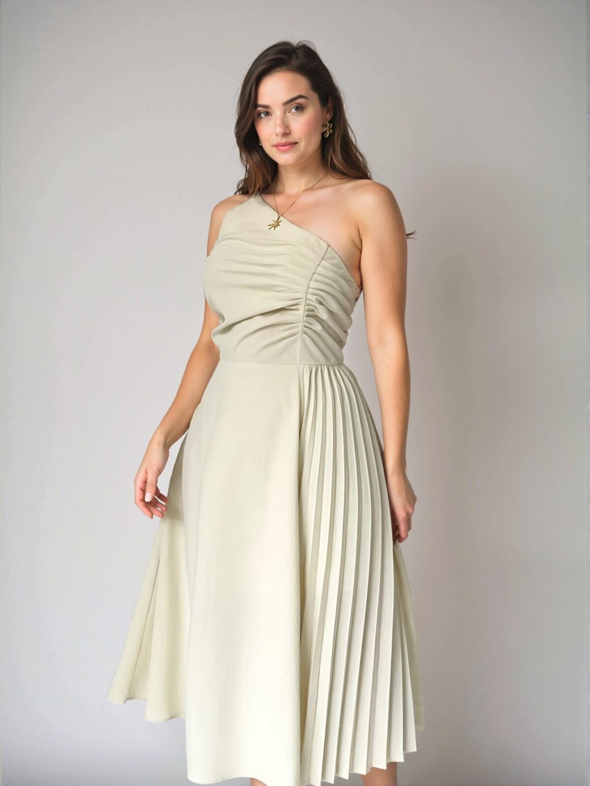 Elegant Apricot Asymmetrical Neck Ruched Bust Pleated Hem Midi Dress for Commuting, Outings, and Daily Wear - Chic, Classy and Trendy Fashion Style to Dress to Impress - Image 2