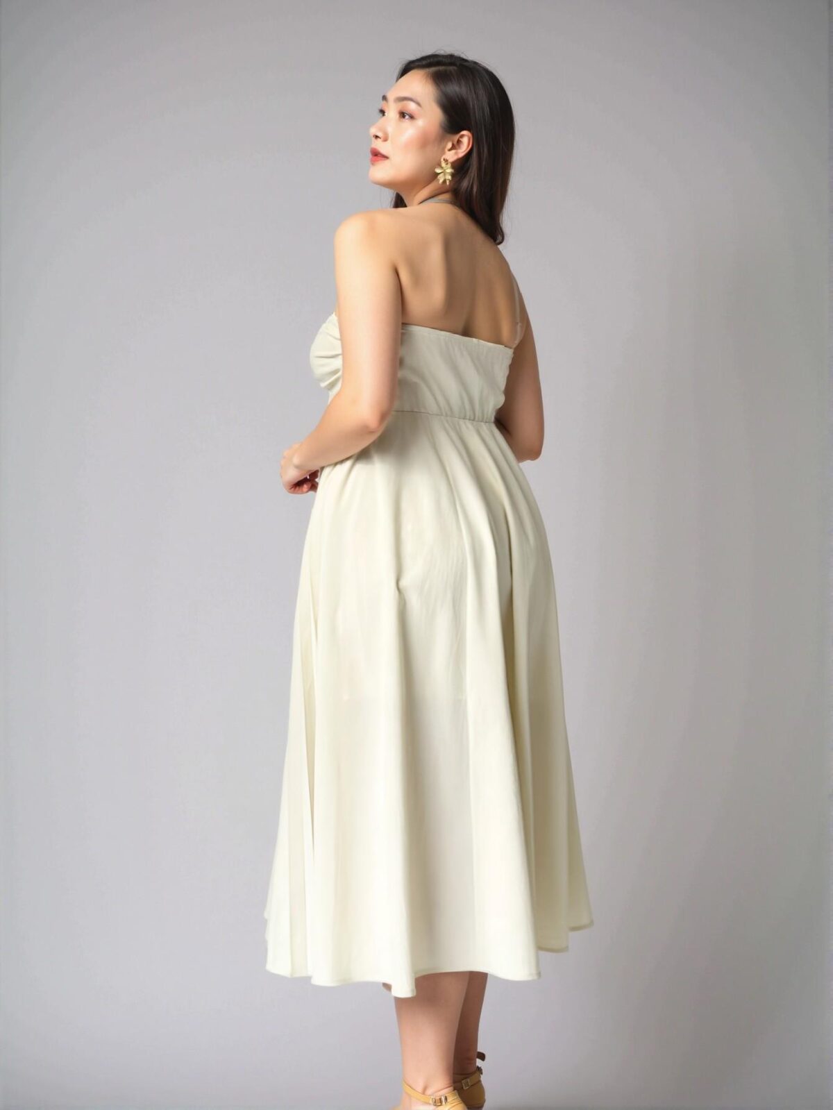 Elegant Apricot Asymmetrical Neck Ruched Bust Pleated Hem Midi Dress for Commuting, Outings, and Daily Wear - Chic, Classy and Trendy Fashion Style to Dress to Impress - Image 3