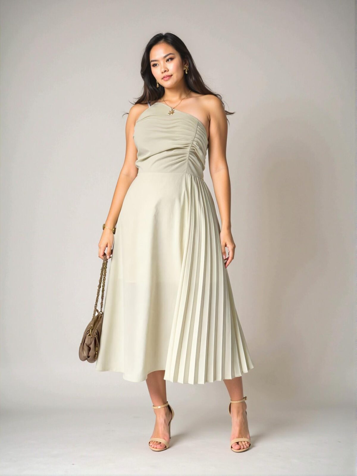 Elegant Apricot Asymmetrical Neck Ruched Bust Pleated Hem Midi Dress for Commuting, Outings, and Daily Wear - Chic, Classy and Trendy Fashion Style to Dress to Impress - Image 4