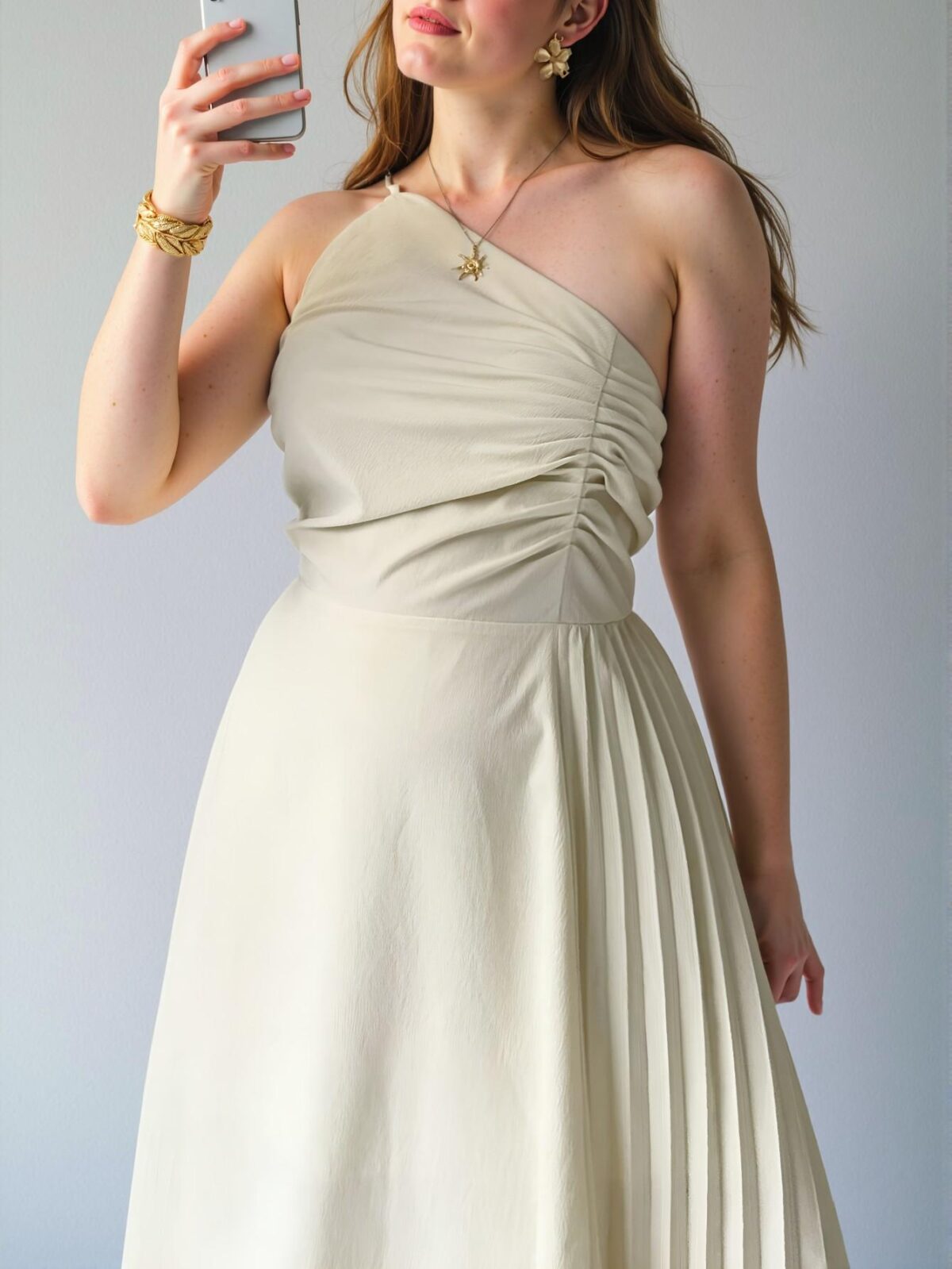Elegant Apricot Asymmetrical Neck Ruched Bust Pleated Hem Midi Dress for Commuting, Outings, and Daily Wear - Chic, Classy and Trendy Fashion Style to Dress to Impress - Image 5