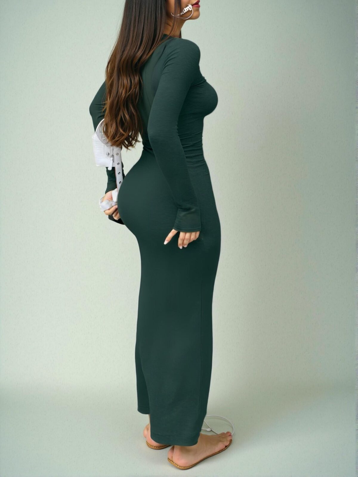 Elegant Dark Green Fitted Long Sleeve Bodycon Dress - Ribbed Knit, Scoop Neck, Curve-Hugging Style for Effortless Chic Spring and Summer Looks - Chic, Classy and Trendy Fashion Style to Dress to Impress - Image 2