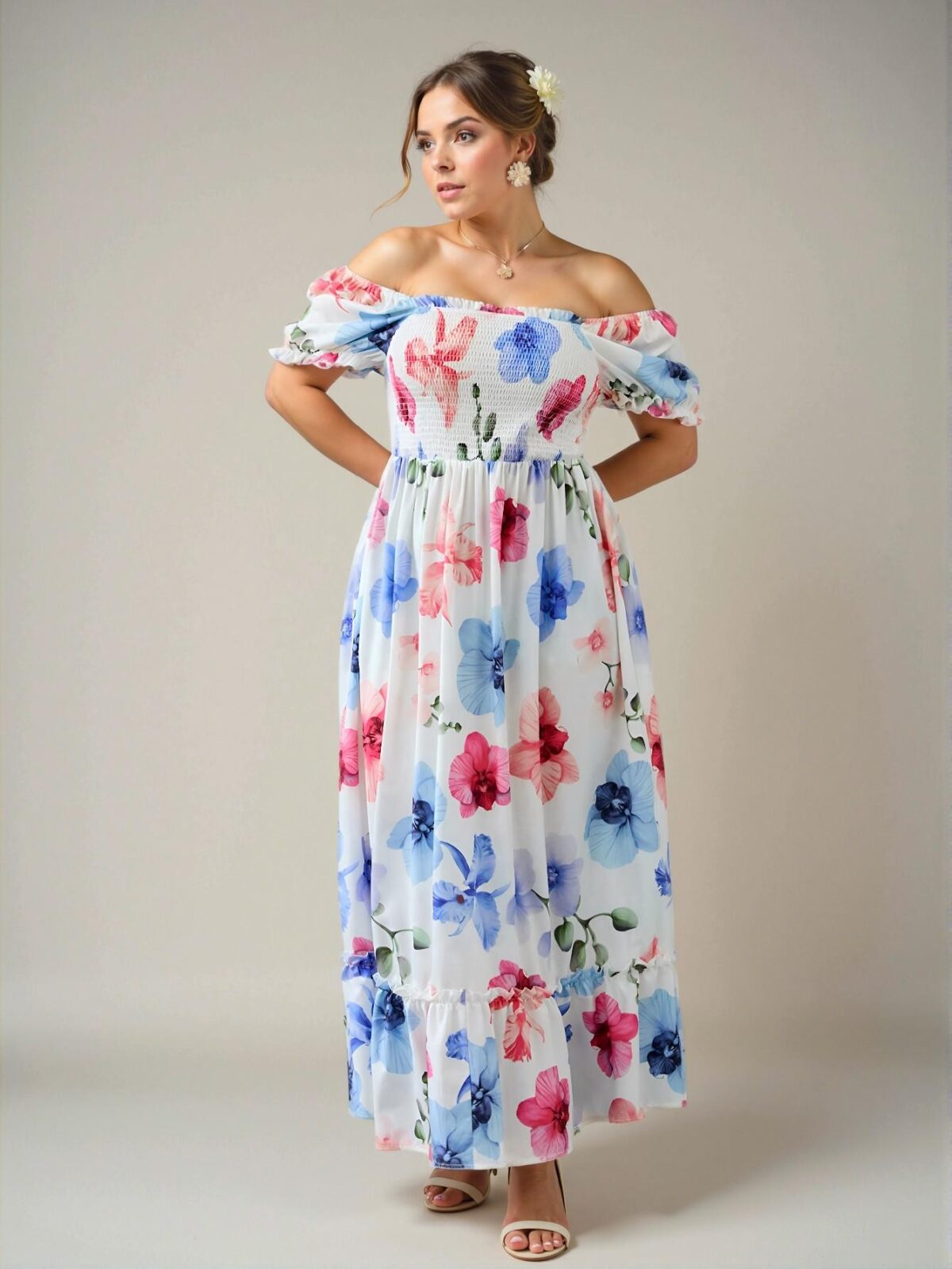 Elegant Multicolor Floral Print Chiffon Dress with Square Neck and Puff Sleeves for Romantic Dates, Concerts, and Elegant Occasions – Chic, Classy and Trendy Fashion Style to Dress to Impress