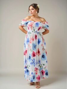 Elegant Multicolor Floral Print Chiffon Dress with Square Neck and Puff Sleeves for Romantic Dates, Concerts, and Elegant Occasions – Chic, Classy and Trendy Fashion Style to Dress to Impress