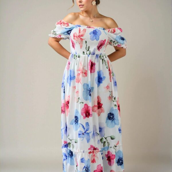Elegant Multicolor Floral Print Chiffon Dress with Square Neck and Puff Sleeves for Romantic Dates, Concerts, and Elegant Occasions – Chic, Classy and Trendy Fashion Style to Dress to Impress