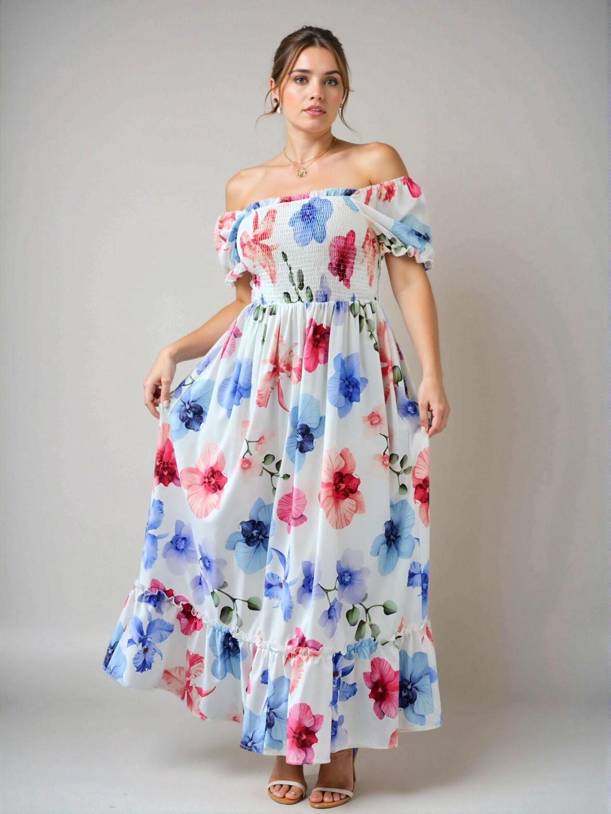 Elegant Multicolor Floral Print Chiffon Dress with Square Neck and Puff Sleeves for Romantic Dates, Concerts, and Elegant Occasions – Chic, Classy and Trendy Fashion Style to Dress to Impress - Image 3
