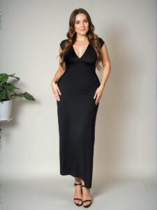 Elegant Black Bodycon Maxi Dress with Deep V Neck, Batwing Sleeves, and Tie Waist Design for a Stunning Valentine's Day Look - Chic, Classy, and Trendy Fashion Style to Dress to Impress