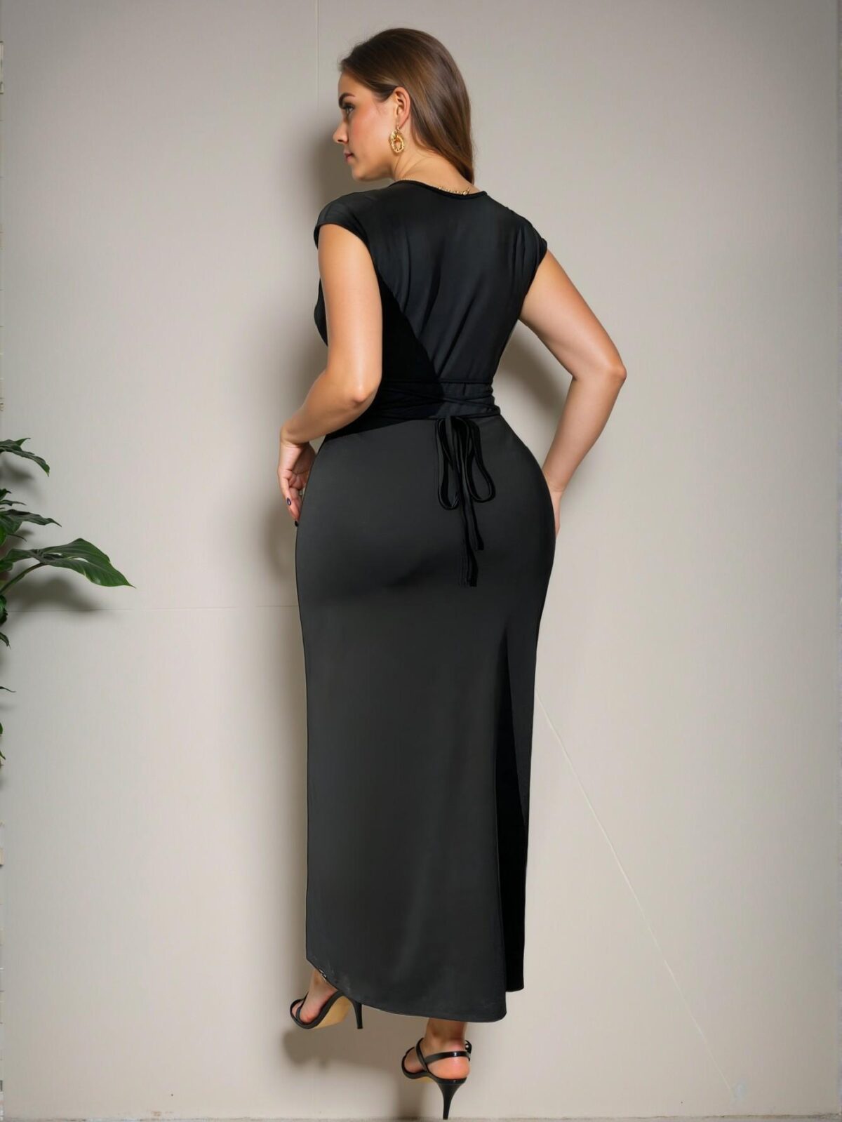 Elegant Black Bodycon Maxi Dress with Deep V Neck, Batwing Sleeves, and Tie Waist Design for a Stunning Valentine's Day Look - Chic, Classy, and Trendy Fashion Style to Dress to Impress - Image 2