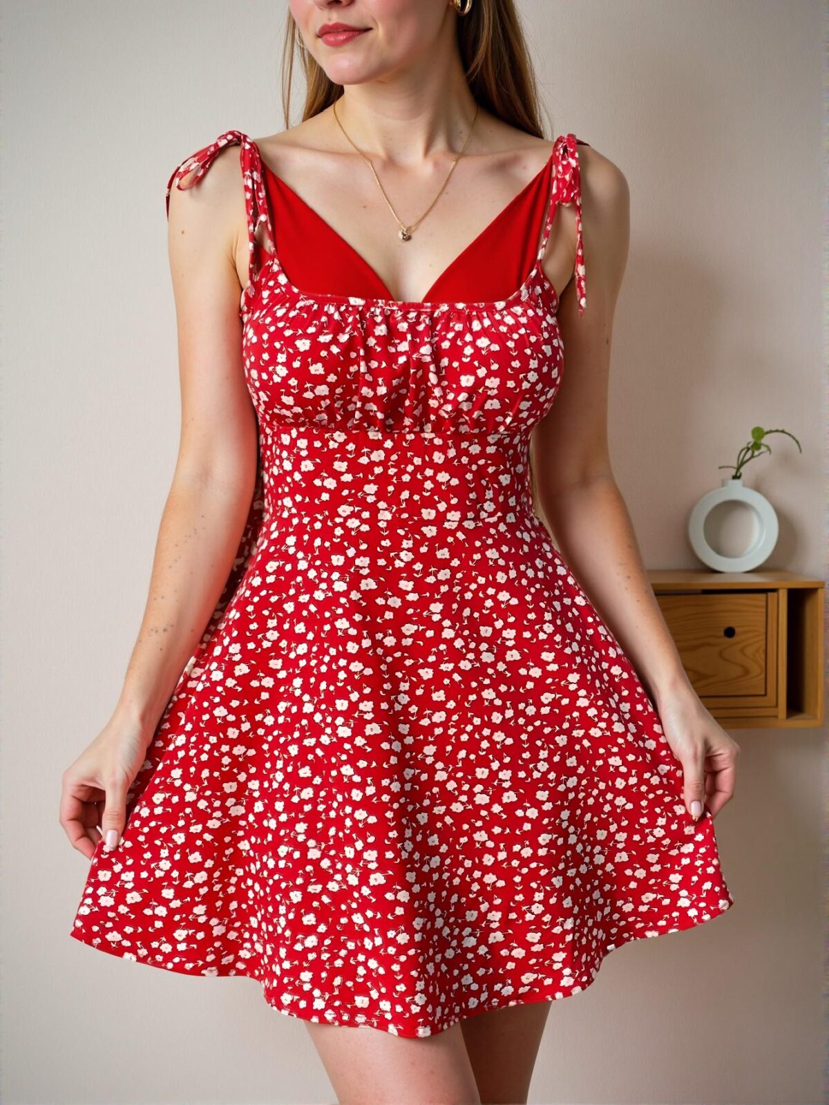 Elegant Red Ditsy Floral Print Pleated Bust Mini Slip Dress for Beach Outings and Spring Adventures - Chic, Classy and Trendy Fashion Style to Dress to Impress