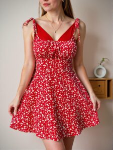 Elegant Red Ditsy Floral Print Pleated Bust Mini Slip Dress for Beach Outings and Spring Adventures - Chic, Classy and Trendy Fashion Style to Dress to Impress