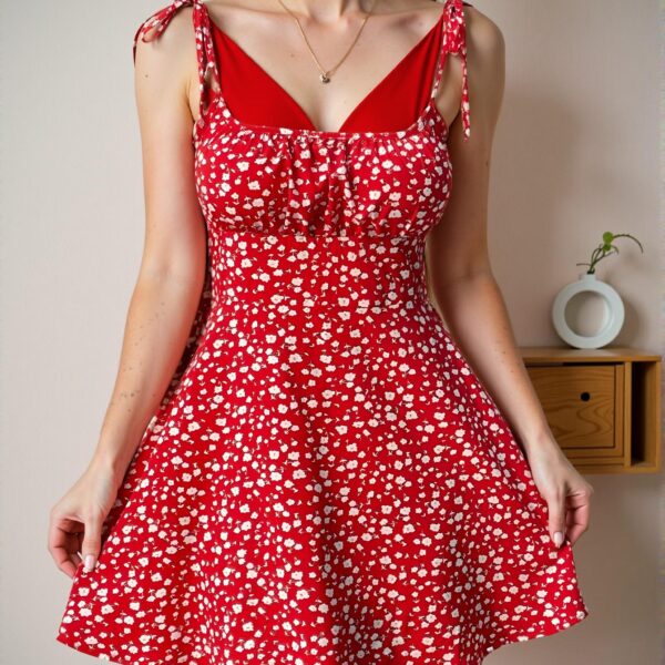 Elegant Red Ditsy Floral Print Pleated Bust Mini Slip Dress for Beach Outings and Spring Adventures - Chic, Classy and Trendy Fashion Style to Dress to Impress