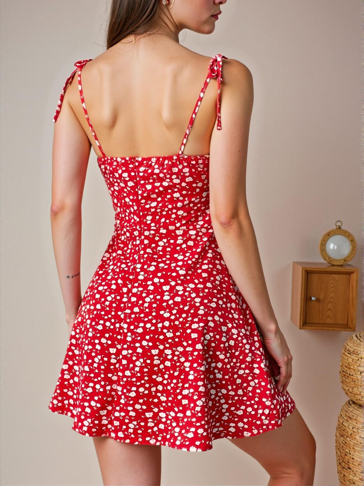 Elegant Red Ditsy Floral Print Pleated Bust Mini Slip Dress for Beach Outings and Spring Adventures - Chic, Classy and Trendy Fashion Style to Dress to Impress - Image 2