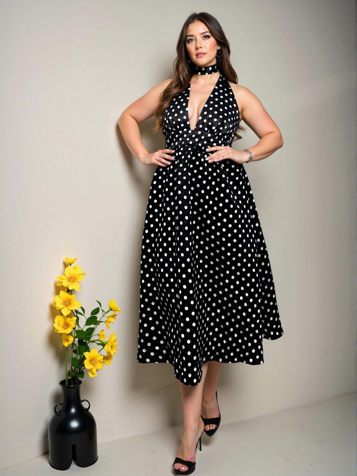 Elegant Black and White Vintage Polka Dot Tie Neck High Waist A-Line Midi Dress – Chic, Classy and Trendy Fashion Style to Dress to Impress
