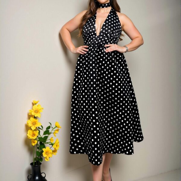 Elegant Black and White Vintage Polka Dot Tie Neck High Waist A-Line Midi Dress – Chic, Classy and Trendy Fashion Style to Dress to Impress