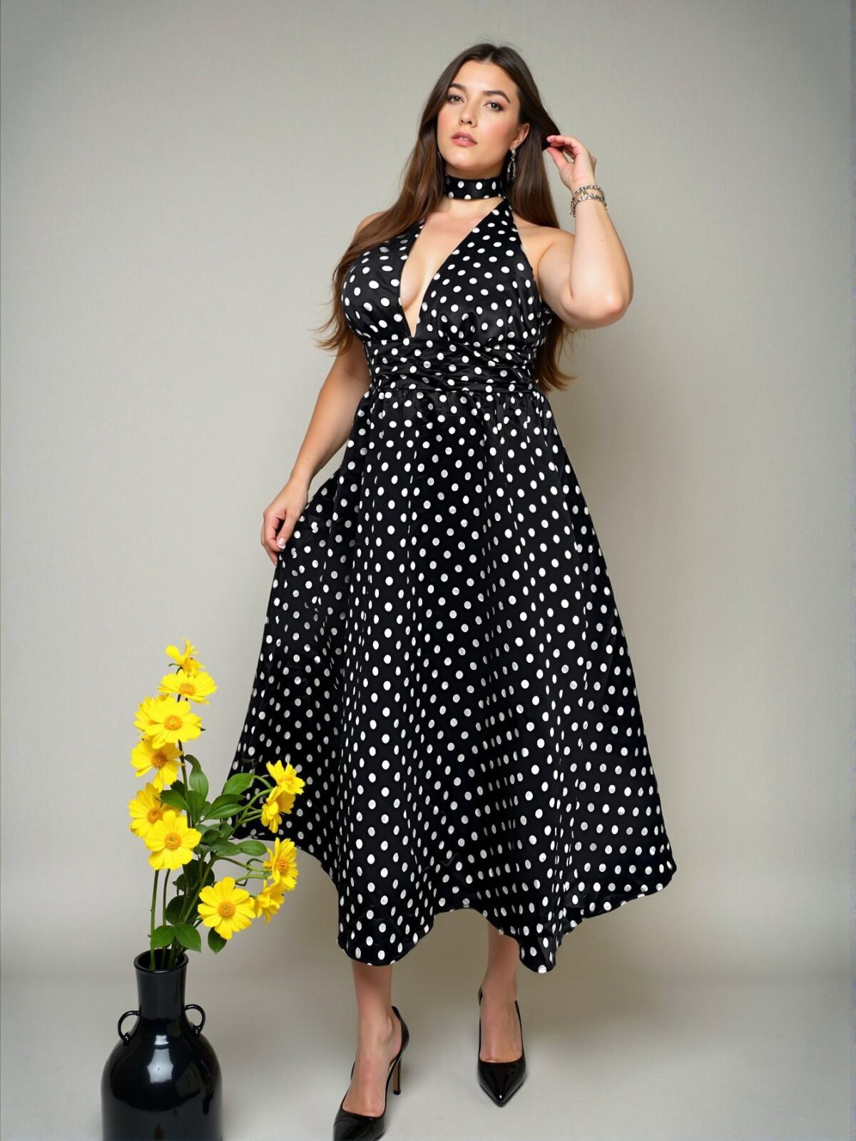 Elegant Black and White Vintage Polka Dot Tie Neck High Waist A-Line Midi Dress – Chic, Classy and Trendy Fashion Style to Dress to Impress - Image 2