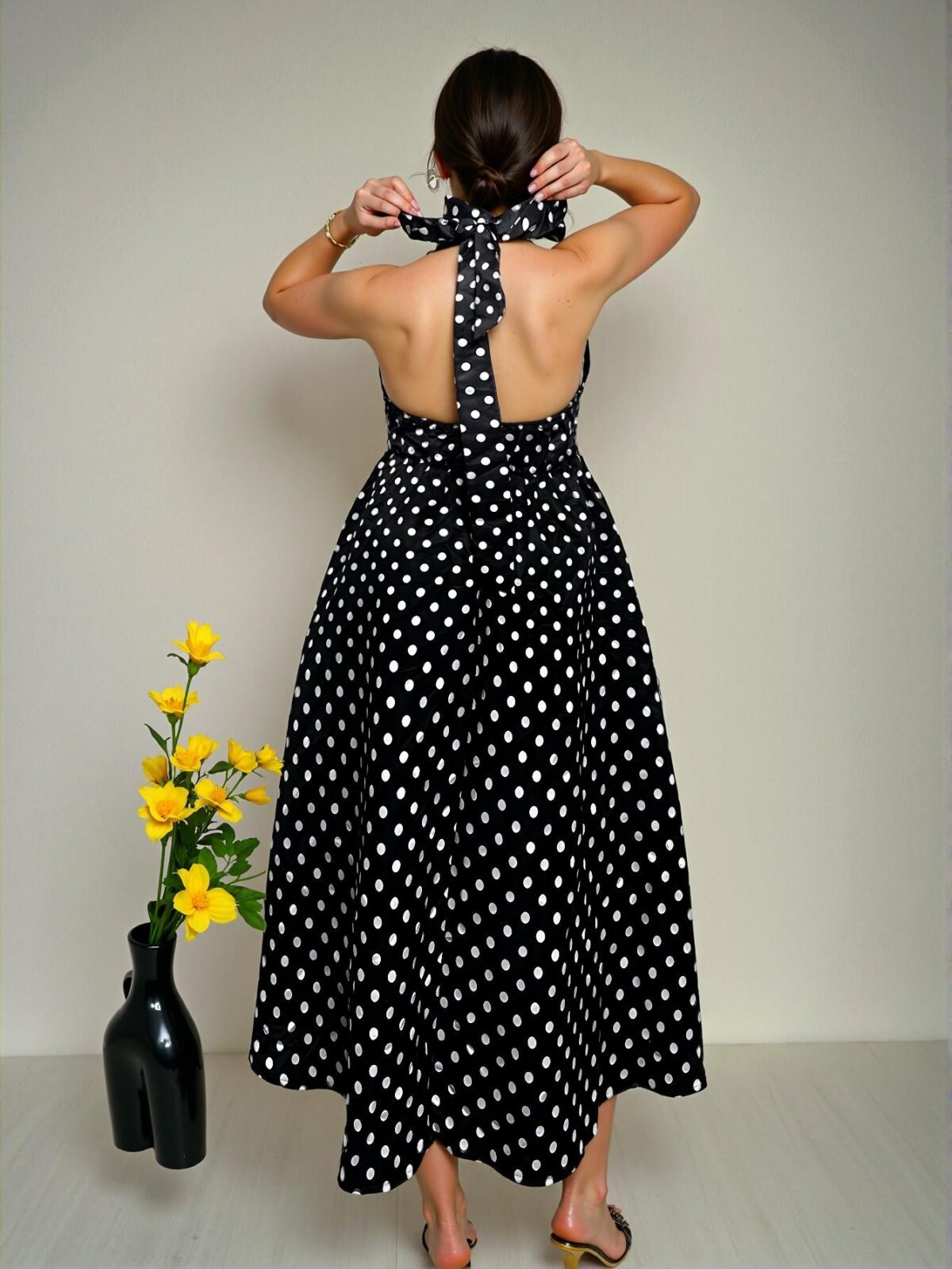 Elegant Black and White Vintage Polka Dot Tie Neck High Waist A-Line Midi Dress – Chic, Classy and Trendy Fashion Style to Dress to Impress - Image 3