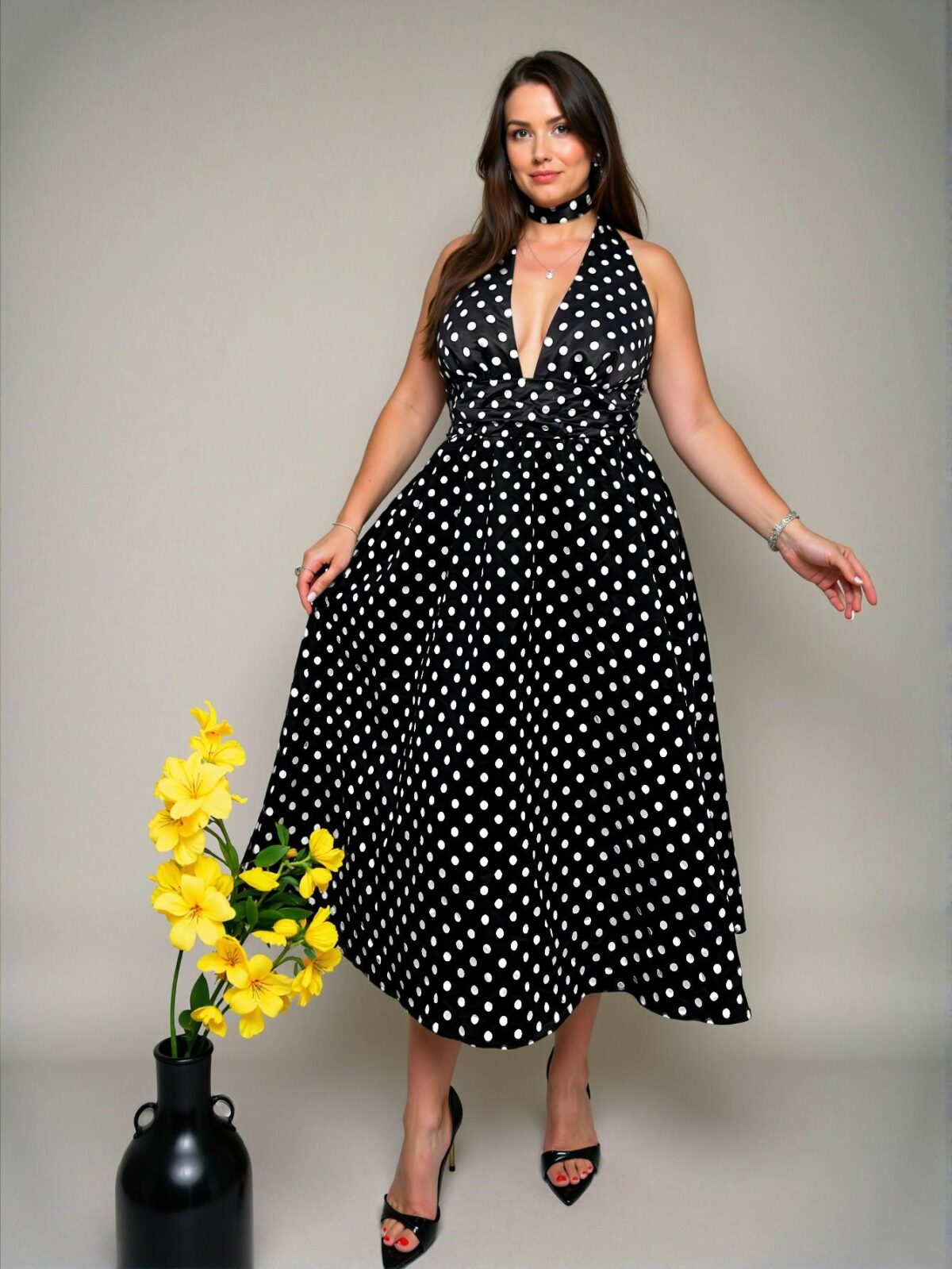 Elegant Black and White Vintage Polka Dot Tie Neck High Waist A-Line Midi Dress – Chic, Classy and Trendy Fashion Style to Dress to Impress - Image 4