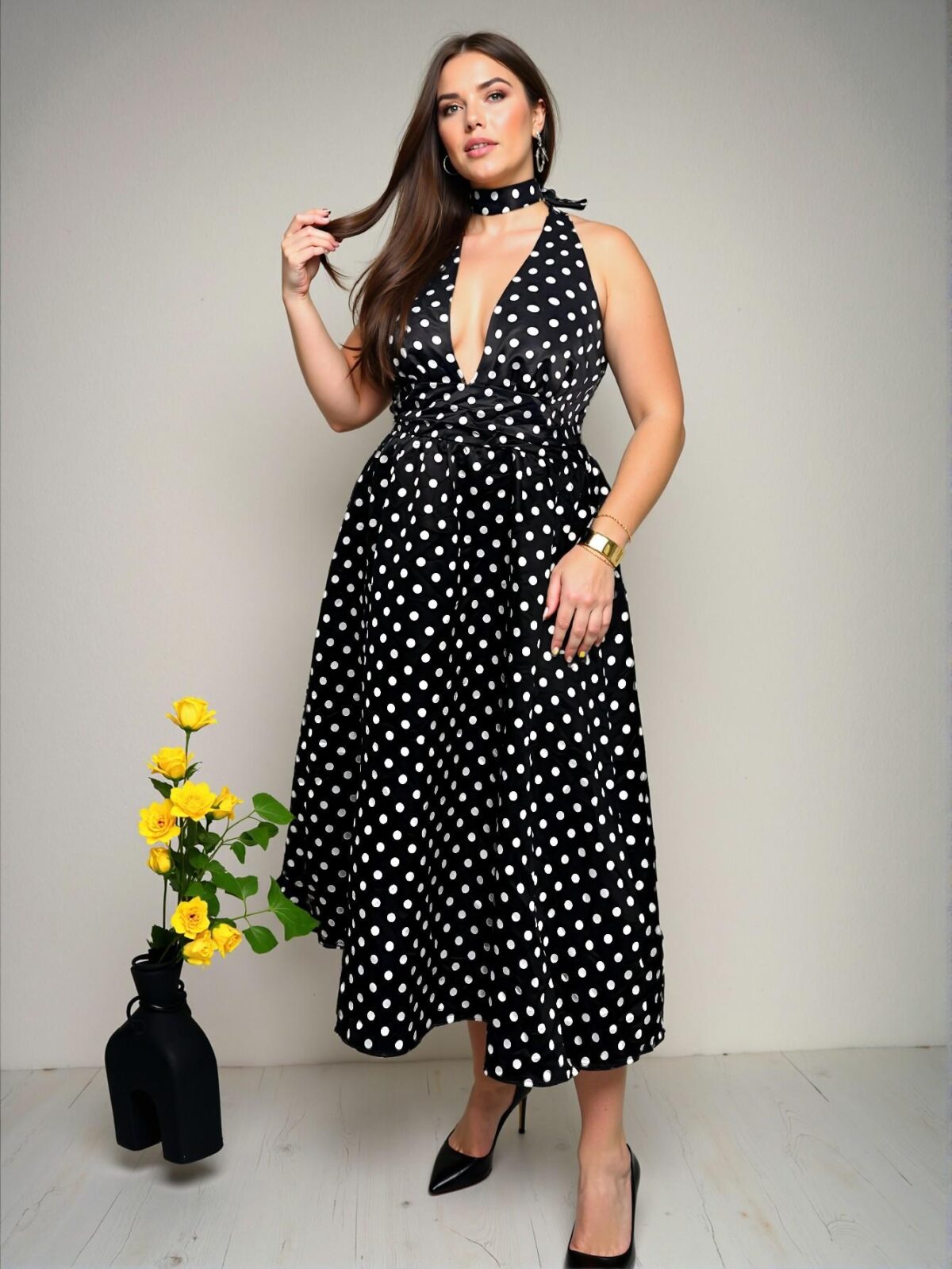 Elegant Black and White Vintage Polka Dot Tie Neck High Waist A-Line Midi Dress – Chic, Classy and Trendy Fashion Style to Dress to Impress - Image 5