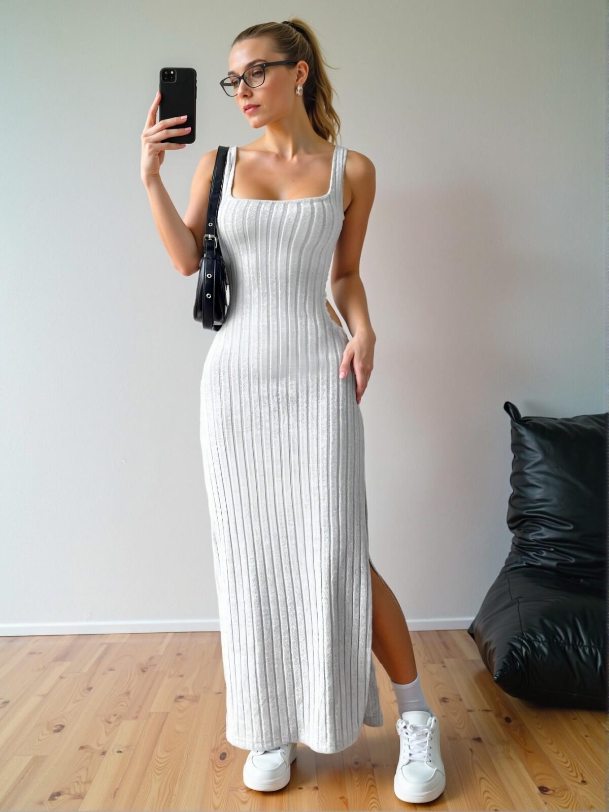 Elegant Light Grey Sophisticated Bodycon Maxi Dress with Split Hem for Spring and Summer Chic, Classy and Trendy Fashion Style to Dress to Impress - Image 3