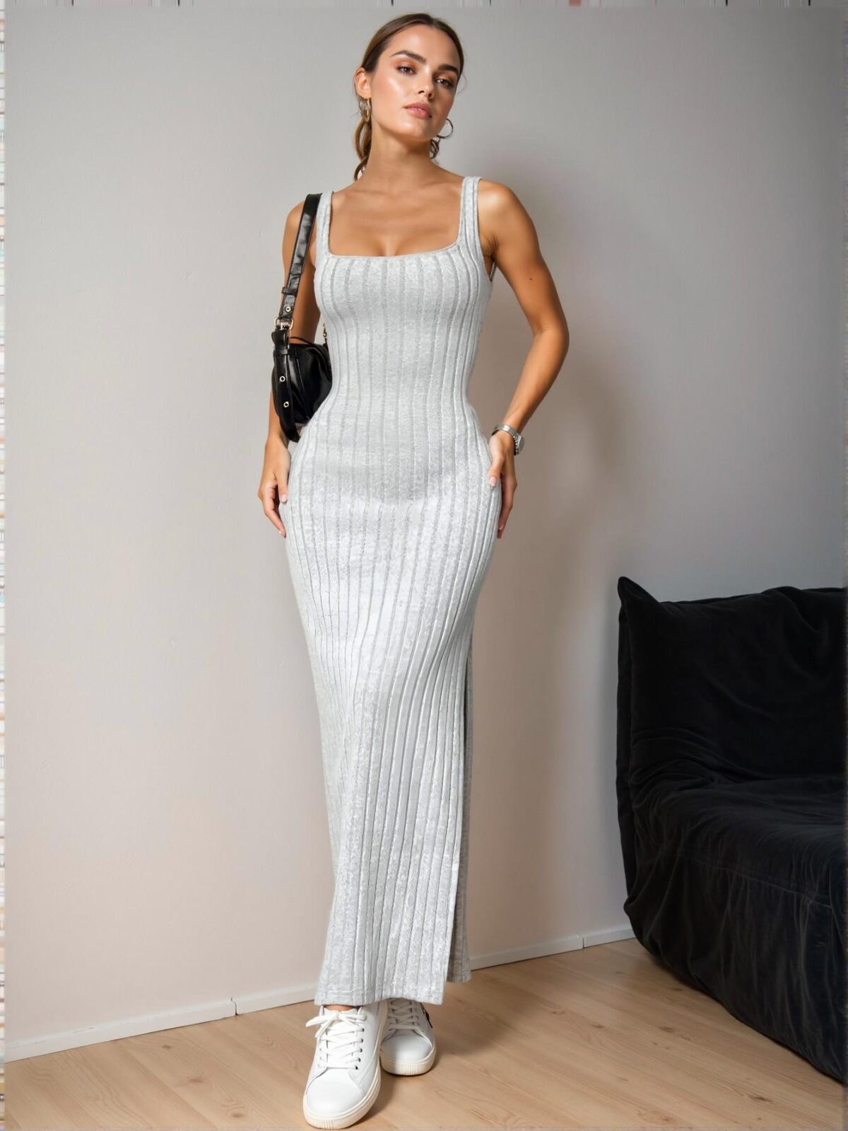 Elegant Light Grey Sophisticated Bodycon Maxi Dress with Split Hem for Spring and Summer Chic, Classy and Trendy Fashion Style to Dress to Impress - Image 4