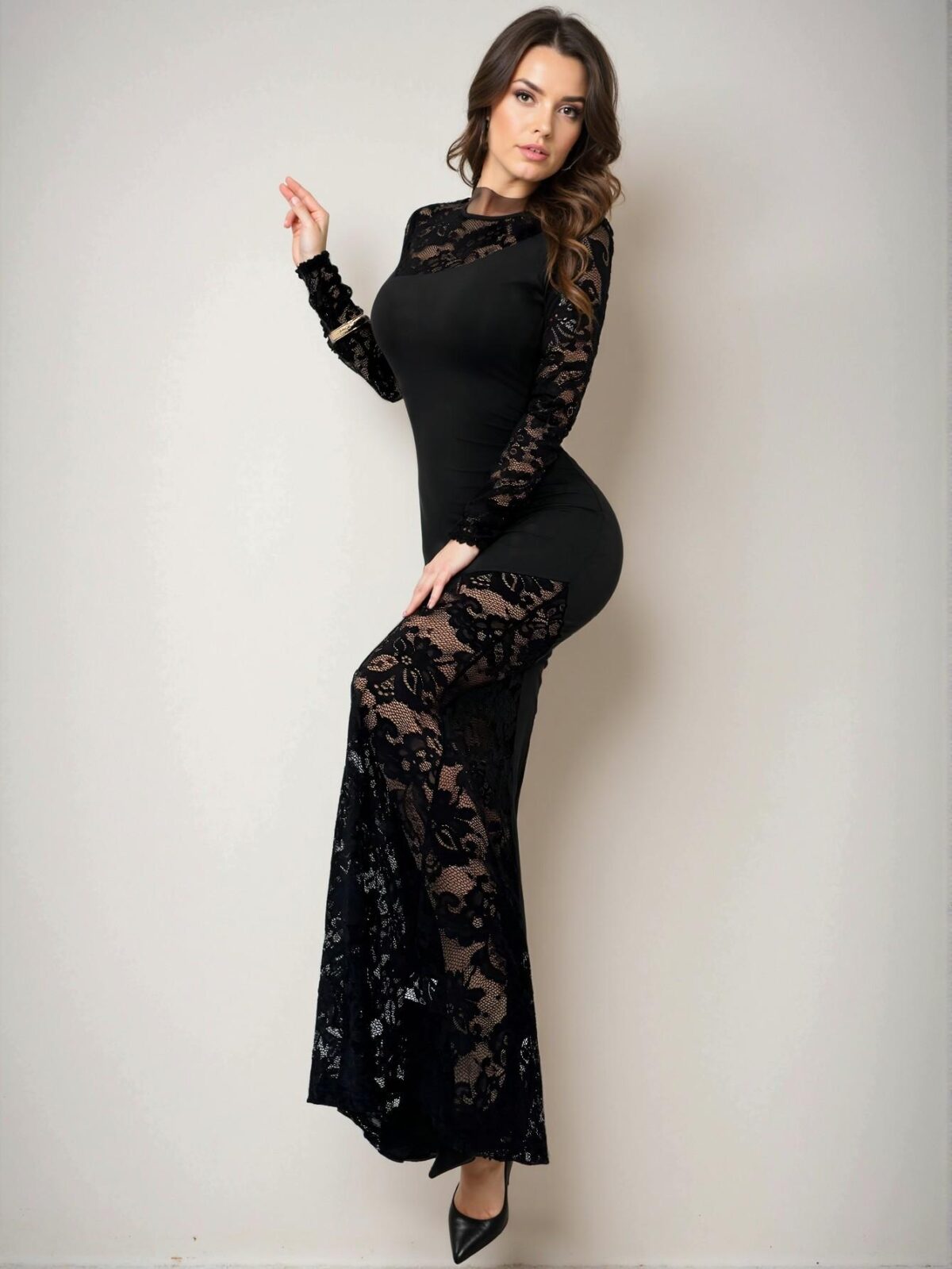 Elegant Black Asymmetric Neck Waist Shaping Bodycon Mermaid Hem Long Sleeve Dress with Gothic Lace Patchwork for Women, Spring & Autumn - Chic, Classy and Trendy Fashion Style to Dress to Impress - Image 3