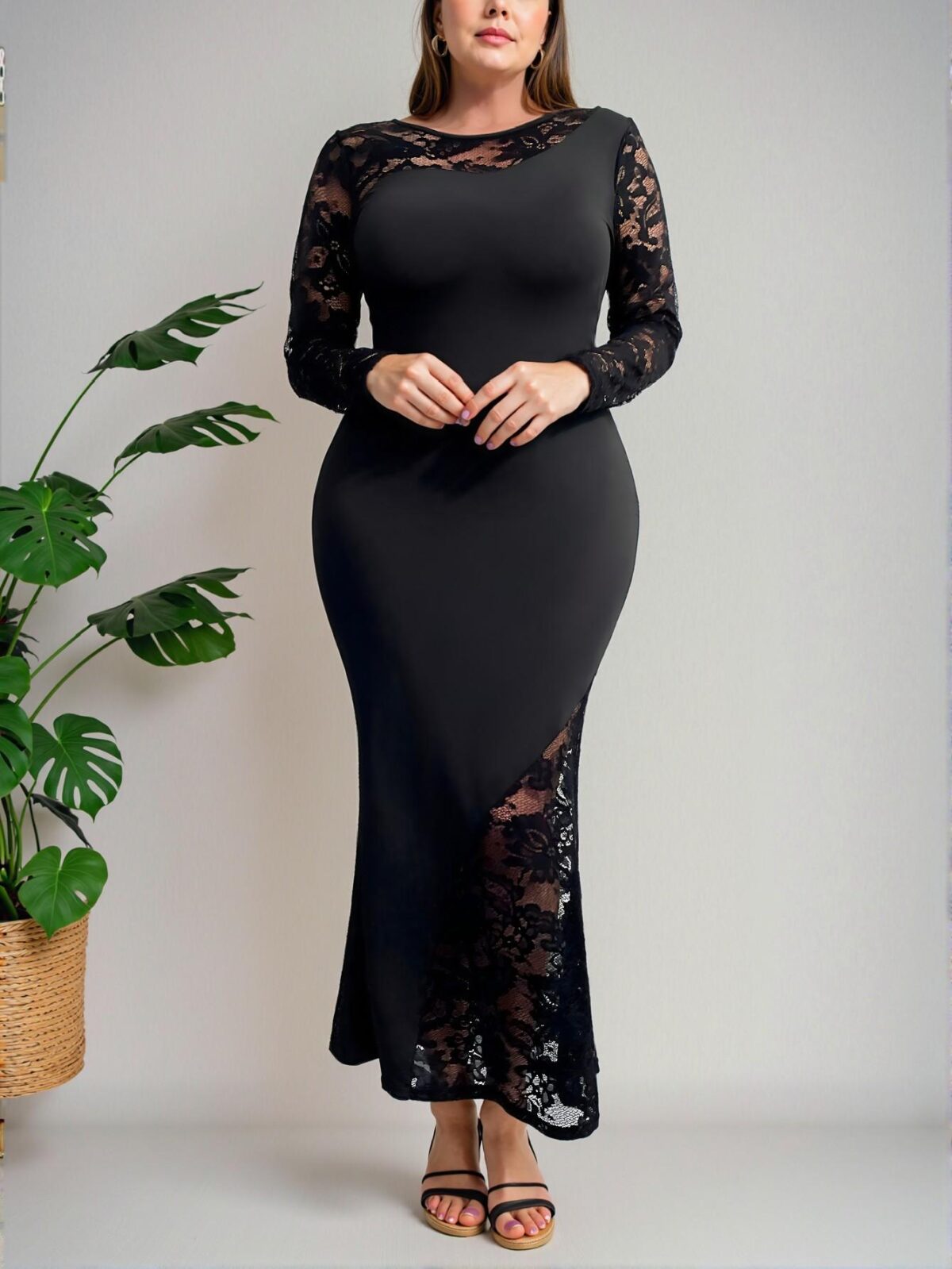 Elegant Black Asymmetric Neck Waist Shaping Bodycon Mermaid Hem Long Sleeve Dress with Gothic Lace Patchwork for Women, Spring & Autumn - Chic, Classy and Trendy Fashion Style to Dress to Impress - Image 4