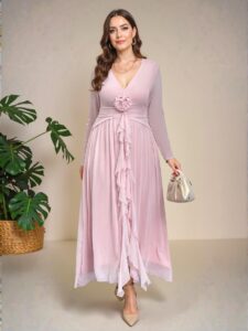 Elegant Pink 3D Floral Deep V Mesh Plus Size Dress with Ruffle Tie Accent for a Romantic Look - Chic, Classy and Trendy Fashion Style to Dress to Impress