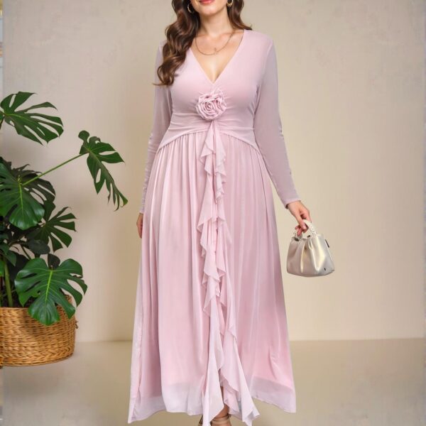 Elegant Pink 3D Floral Deep V Mesh Plus Size Dress with Ruffle Tie Accent for a Romantic Look - Chic, Classy and Trendy Fashion Style to Dress to Impress