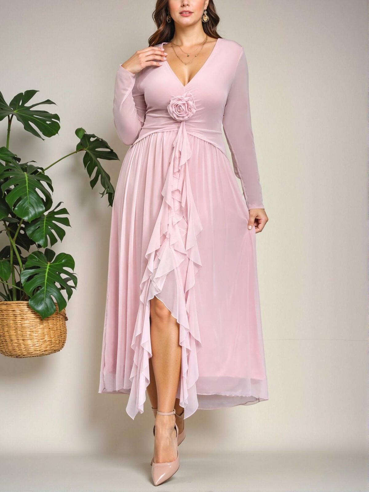 Elegant Pink 3D Floral Deep V Mesh Plus Size Dress with Ruffle Tie Accent for a Romantic Look - Chic, Classy and Trendy Fashion Style to Dress to Impress - Image 3