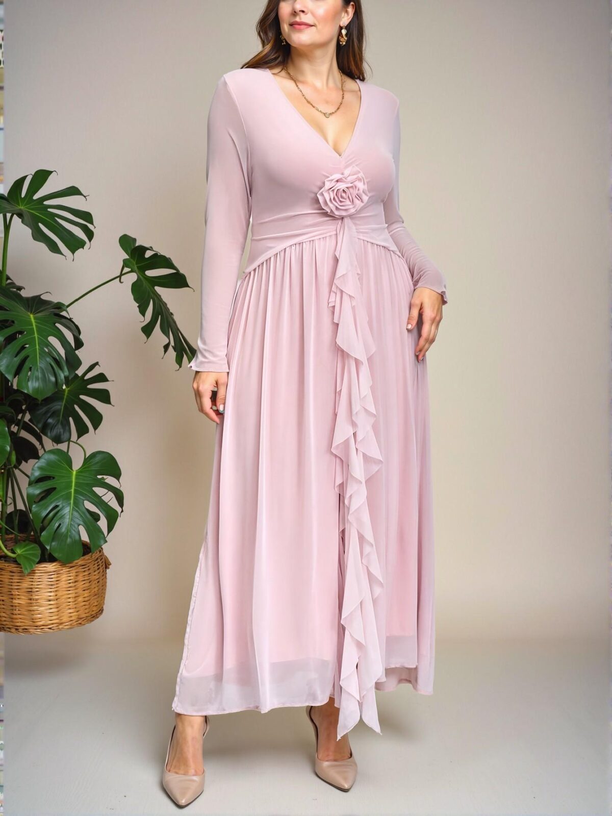 Elegant Pink 3D Floral Deep V Mesh Plus Size Dress with Ruffle Tie Accent for a Romantic Look - Chic, Classy and Trendy Fashion Style to Dress to Impress - Image 4