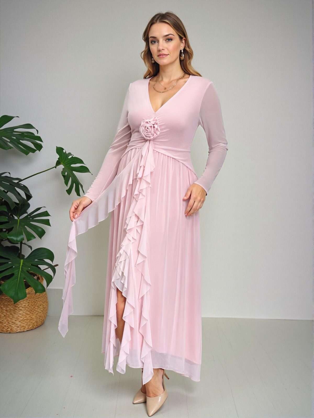 Elegant Pink 3D Floral Deep V Mesh Plus Size Dress with Ruffle Tie Accent for a Romantic Look - Chic, Classy and Trendy Fashion Style to Dress to Impress - Image 5