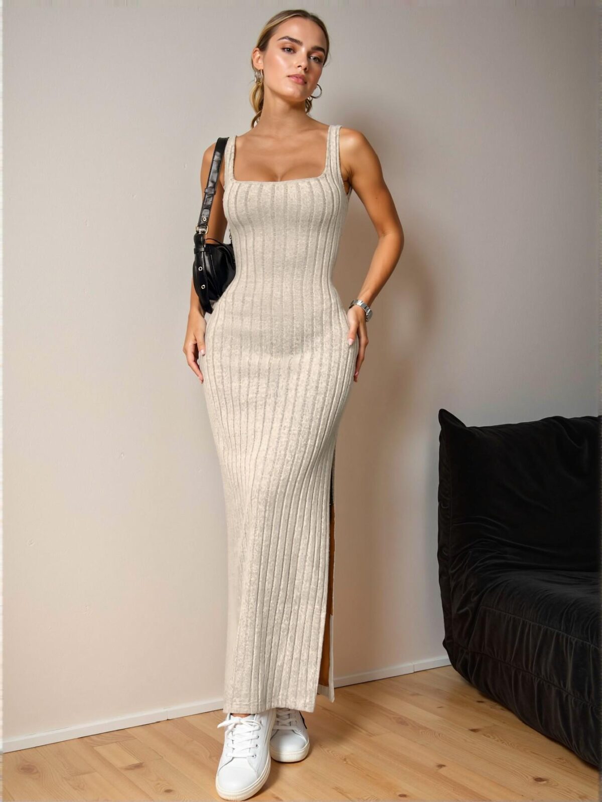Elegant Khaki Chic Bodycon Twist Back Cutout Maxi Dress with Side Slit Hem for Spring and Summer - Chic, Classy and Trendy Fashion Style to Dress to Impress - Image 5
