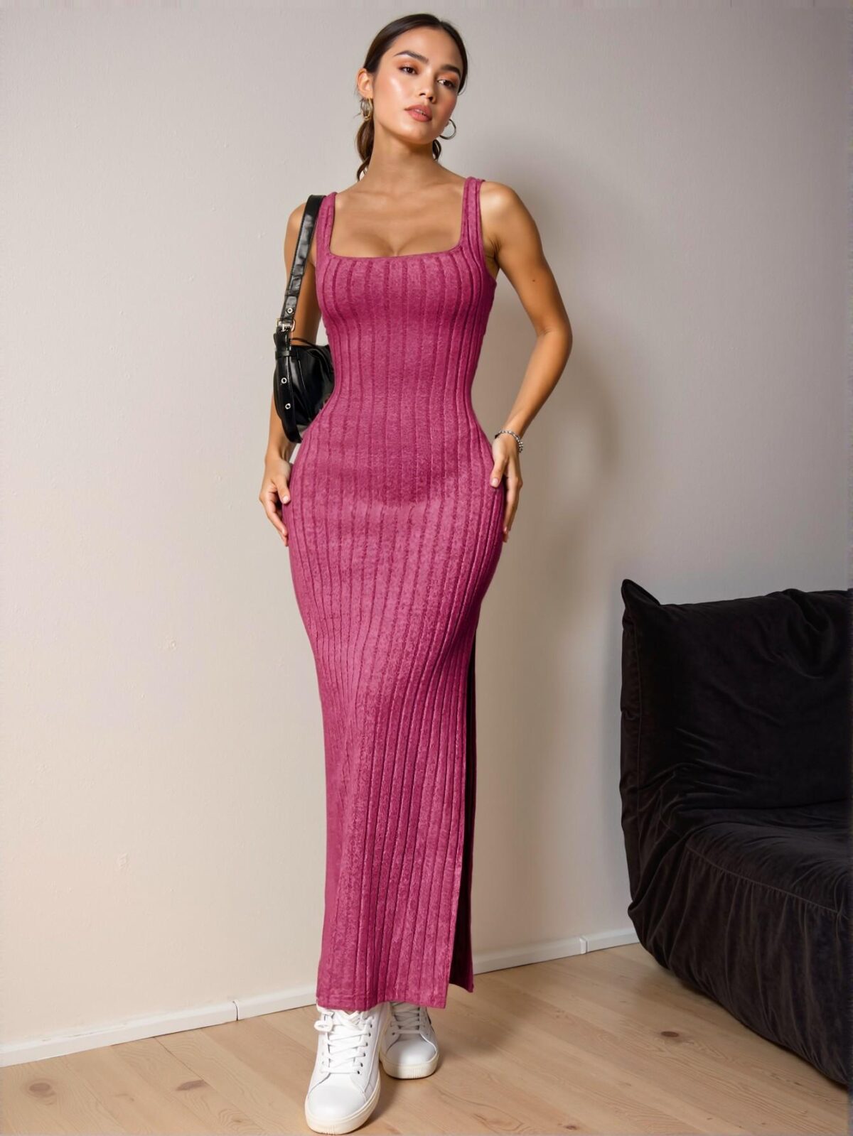 Elegant Hot Pink Bodycon Maxi Dress with Square Neck and Backless Twist Design for Spring and Summer - Chic, Classy and Trendy Fashion Style to Dress to Impress - Image 4