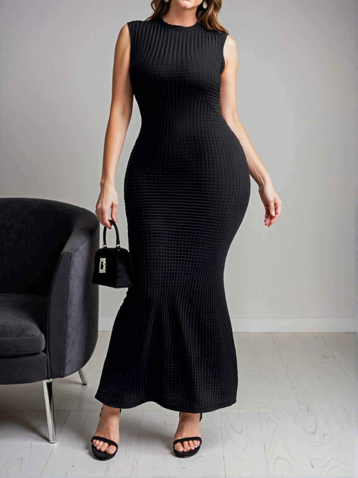 Elegant Black Romantic Fitted Mermaid Hem Sleeveless Bodycon Dress - Chic, Classy and Trendy Fashion Style to Dress to Impress - Image 4