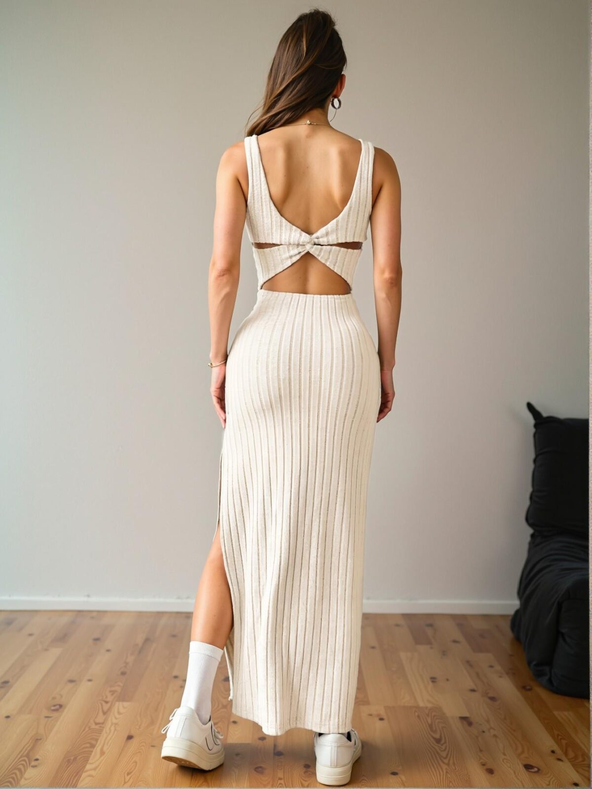 Elegant Apricot Bodycon Maxi Dress with Square Neck and Slit Hem for Casual Vacations in Spring and Summer - Chic, Classy, and Trendy Fashion Style to Dress to Impress - Image 2