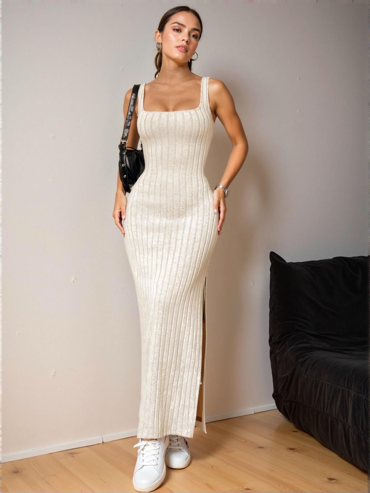 Elegant Apricot Bodycon Maxi Dress with Square Neck and Slit Hem for Casual Vacations in Spring and Summer - Chic, Classy, and Trendy Fashion Style to Dress to Impress - Image 3