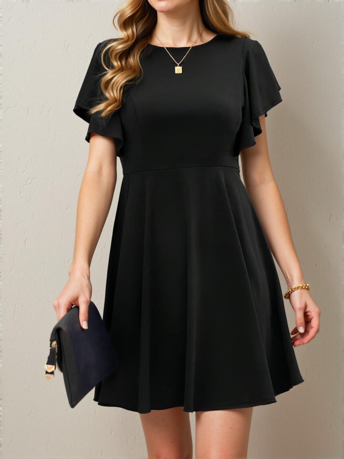Elegant Black Flounce Sleeve A-line Dress for Spring and Summer - Chic, Classy and Trendy Fashion Style to Dress to Impress - Image 3
