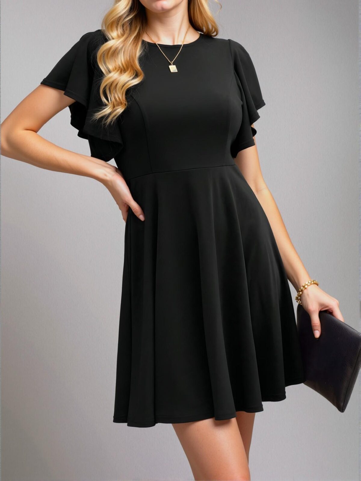 Elegant Black Flounce Sleeve A-line Dress for Spring and Summer - Chic, Classy and Trendy Fashion Style to Dress to Impress - Image 5